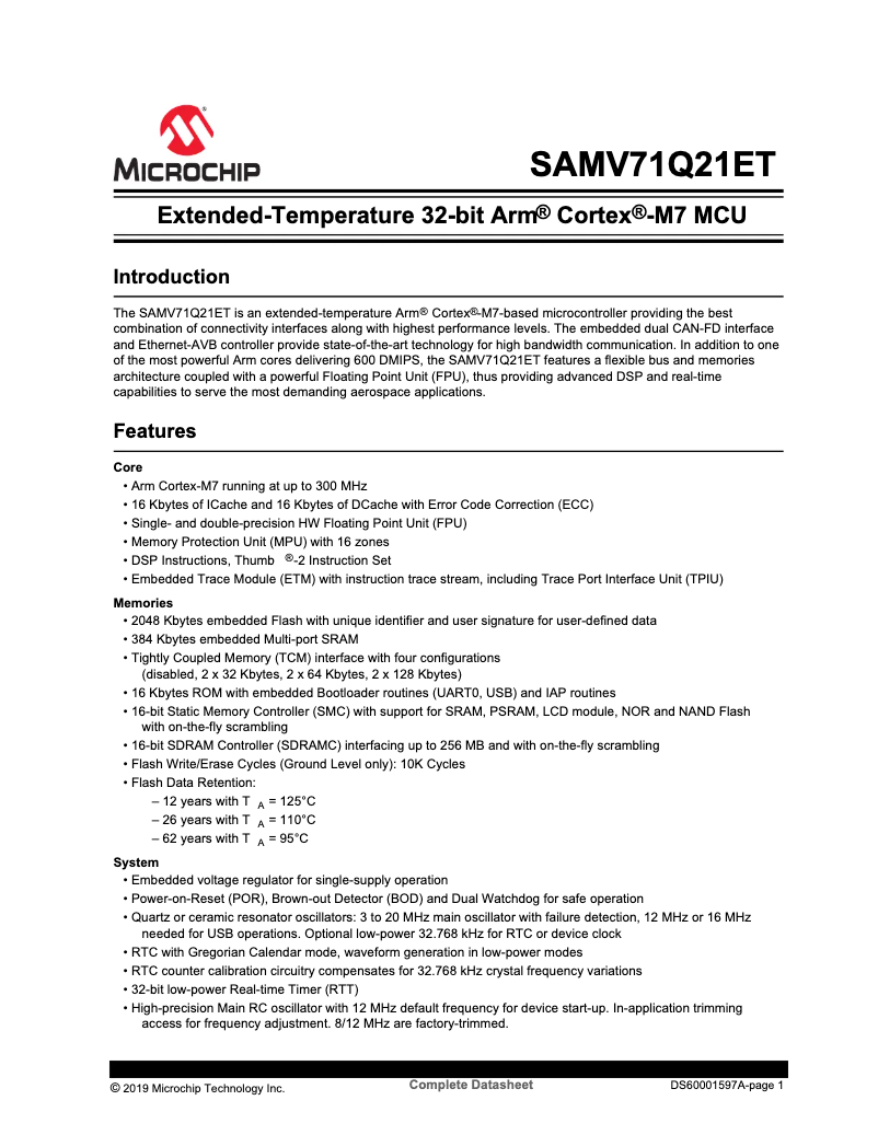 Page 1 de la notice Fiche technique Microchip SAMV71Q21ET