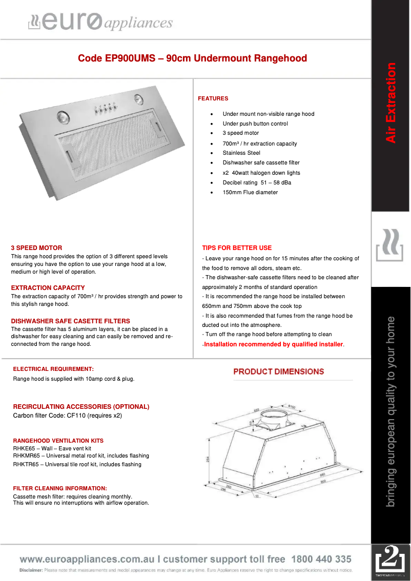 Page n°1 - Fiche technique Euro Appliances EP900UMS