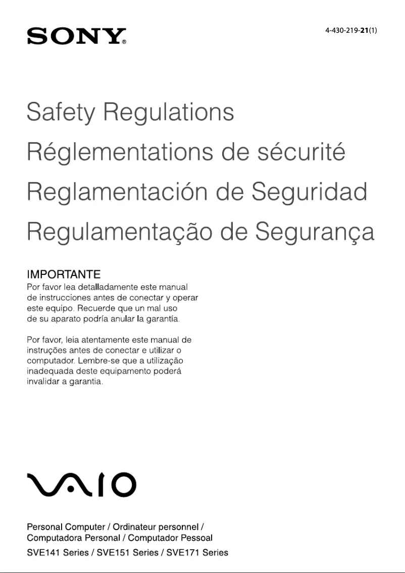 Image de la première page du manuel de l'appareil Vaio SVE15115FXS
