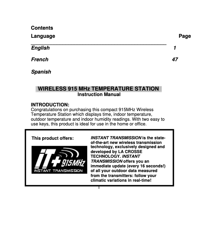 Page n°1 - Manuel utilisateur La Crosse Technology WS-9124TWC-IT