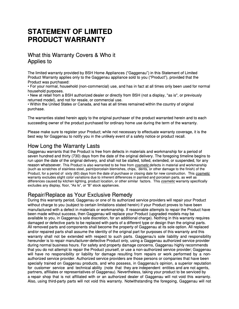 Page n°1 - Informations de garantie Gaggenau AR403722