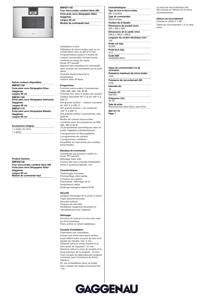 Page 1 de la notice Fiche technique Gaggenau BMP251130