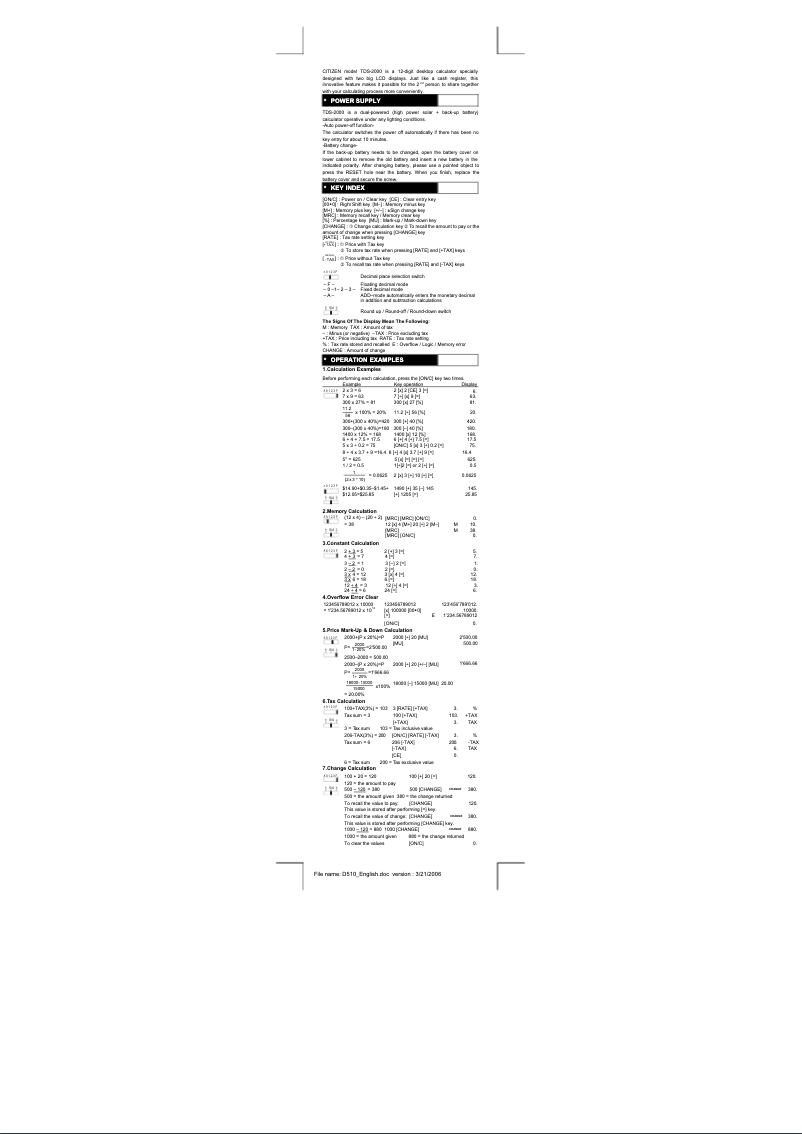 Page 1 de la notice Manuel utilisateur Citizen TDS-2000