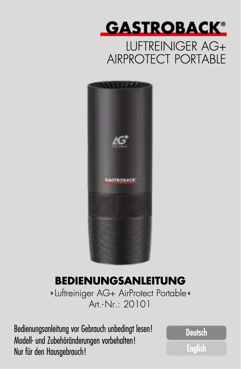 Page 1 de la notice Manuel utilisateur Gastroback AG+ AirProtect Portable 20101