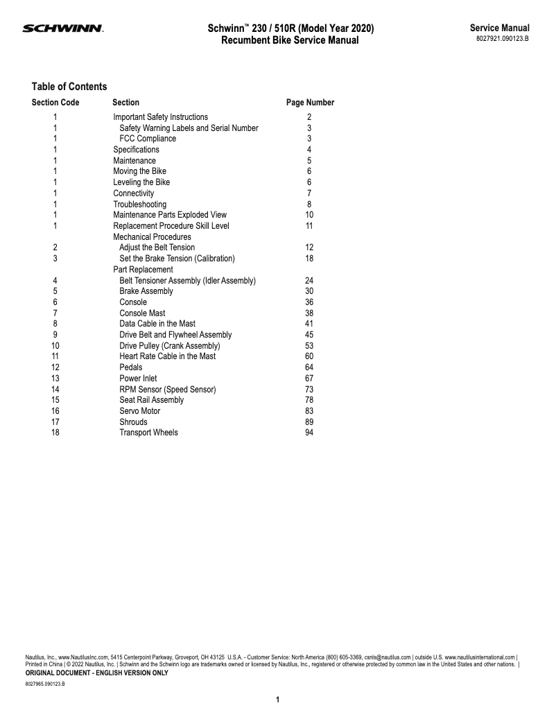 Page 1 de la notice Manuel utilisateur Schwinn 230