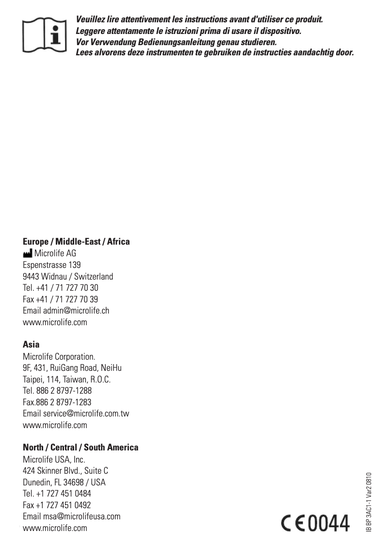 Page 1 de la notice Manuel utilisateur Microlife BP 3AC1-1