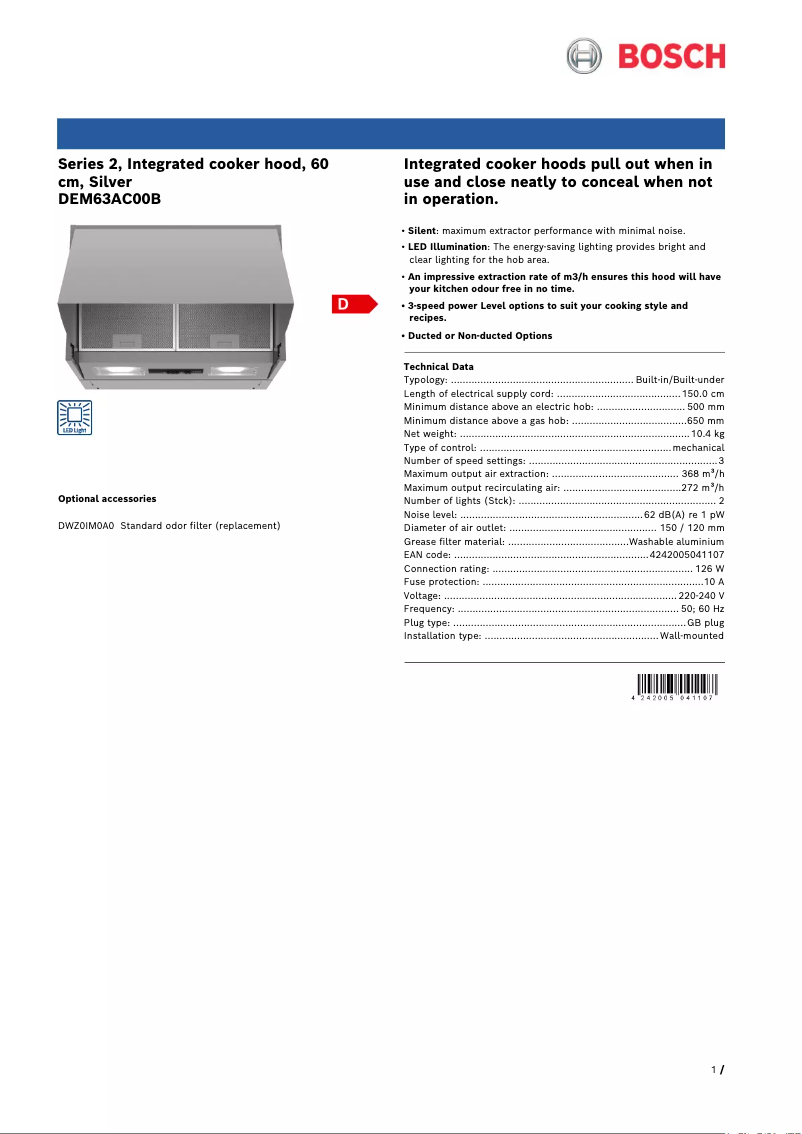 Page 1 de la notice Fiche technique Bosch Serie 2 DEM63AC00B