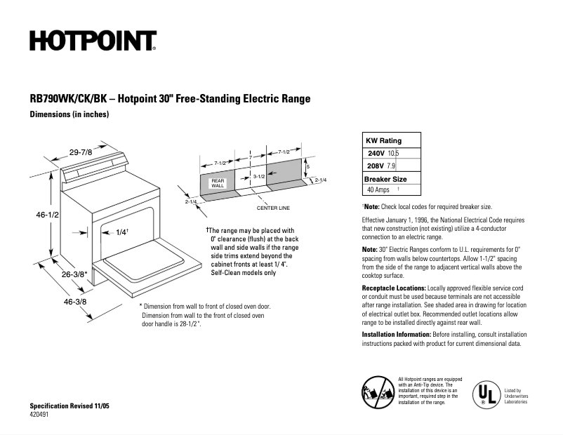 Page 1 de la notice Fiche technique Hotpoint RB790BKBB