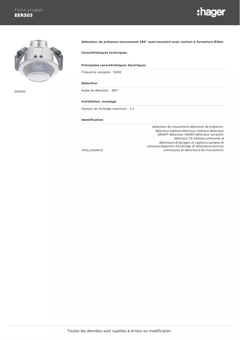 Page 1 de la notice Fiche technique Hager EER503