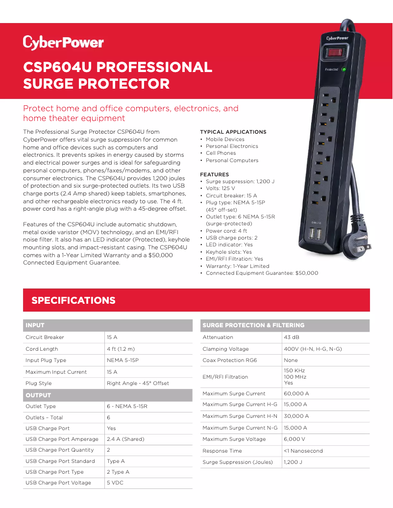 Page 1 de la notice Informations de garantie CyberPower CSP604U