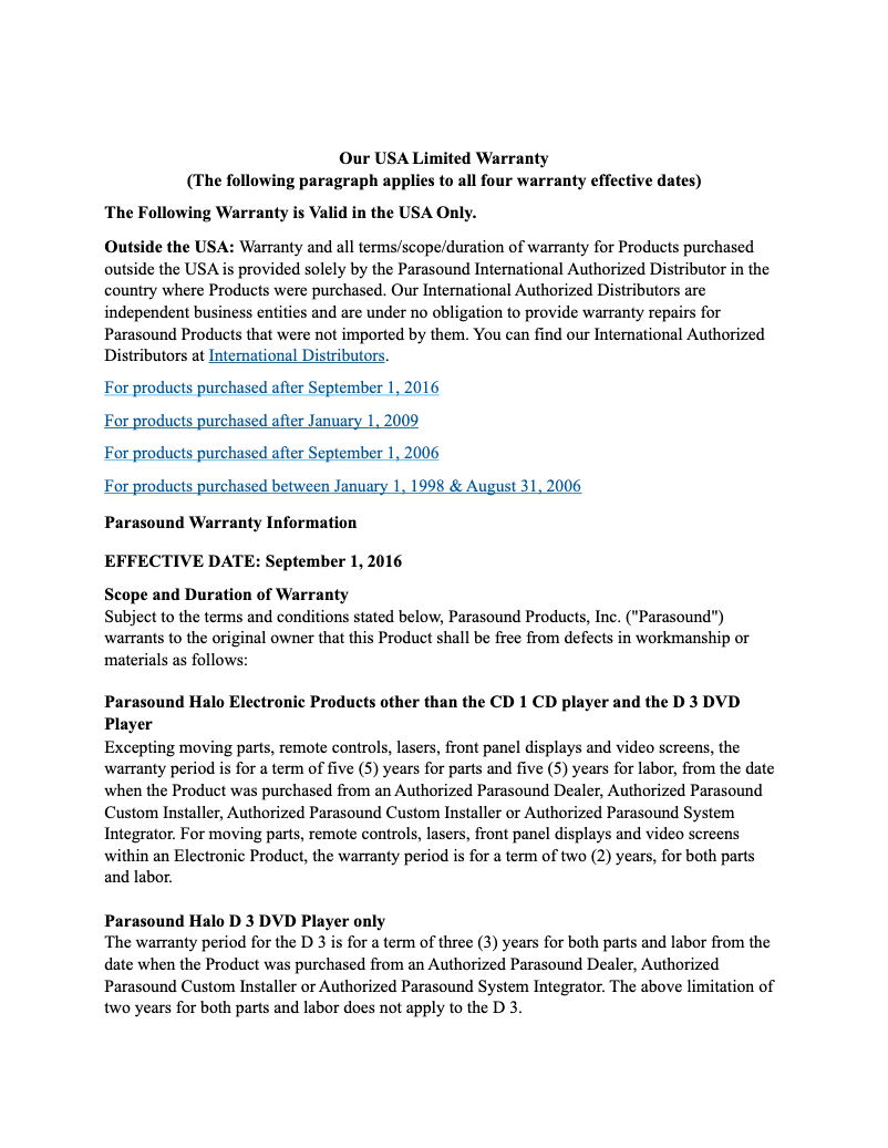 Page 1 de la notice Informations de garantie Parasound NewClassic 200