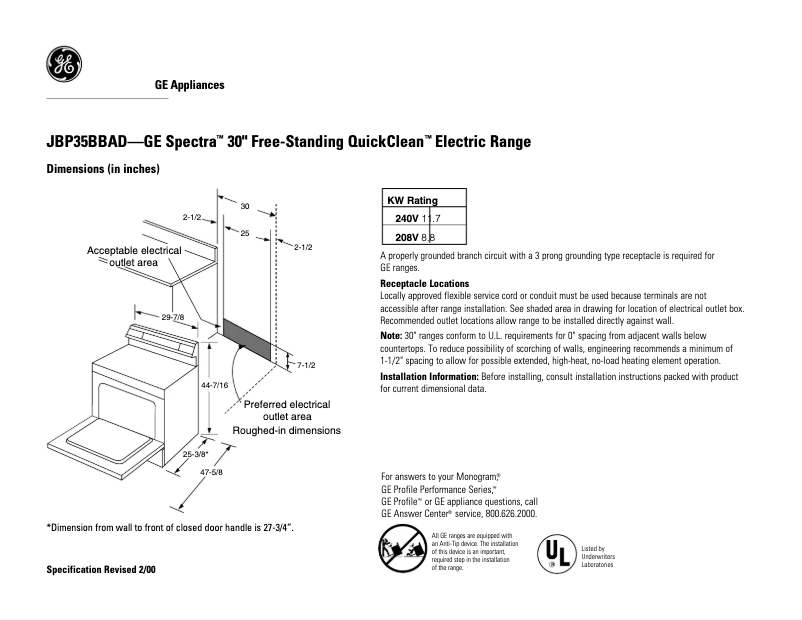 Page n°1 - Fiche technique GE Spectra JBP35BBAD