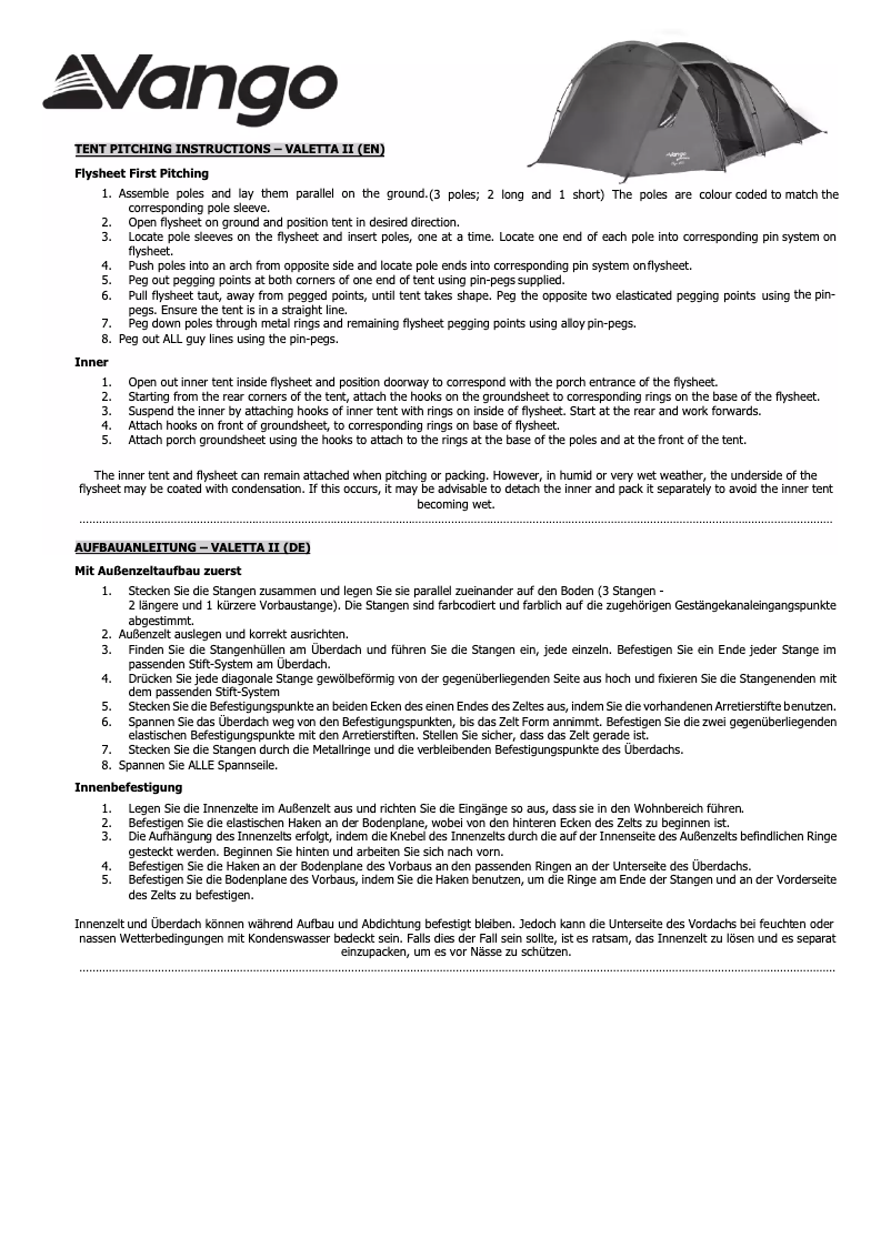 Page 1 de la notice Manuel utilisateur Vango Valetta 500 II