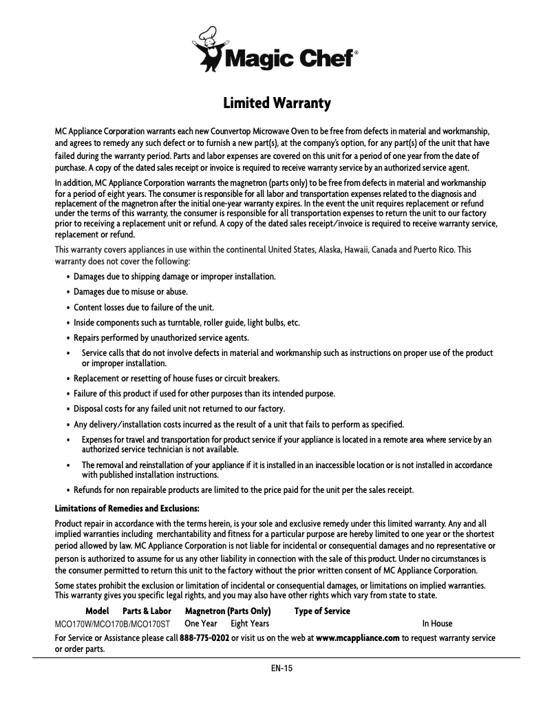Page n°1 - Informations de garantie Magic Chef MCO170W