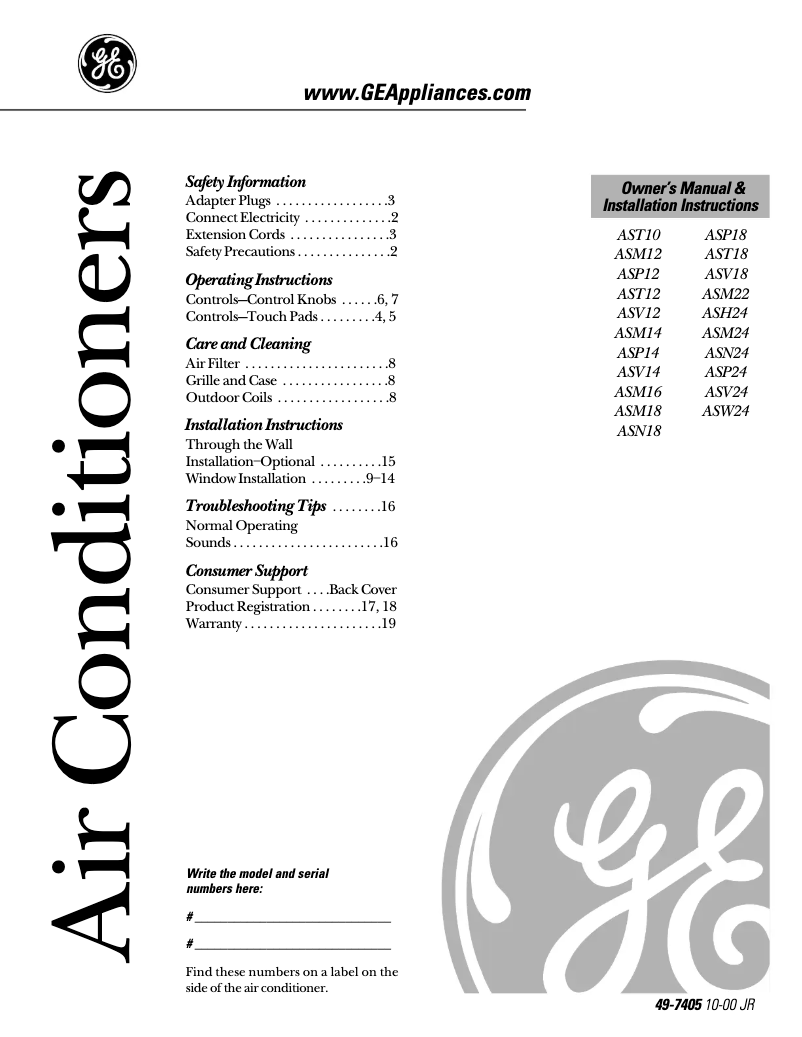 Page n°1 - Guide d'installation GE ASV12AB
