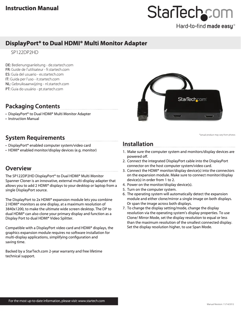 Page n°1 - Manuel utilisateur StarTech.com SP122DP2HD