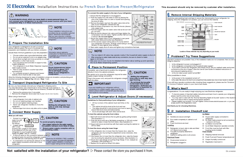 Page 1 de la notice Guide d'installation Electrolux EI23BC55IW