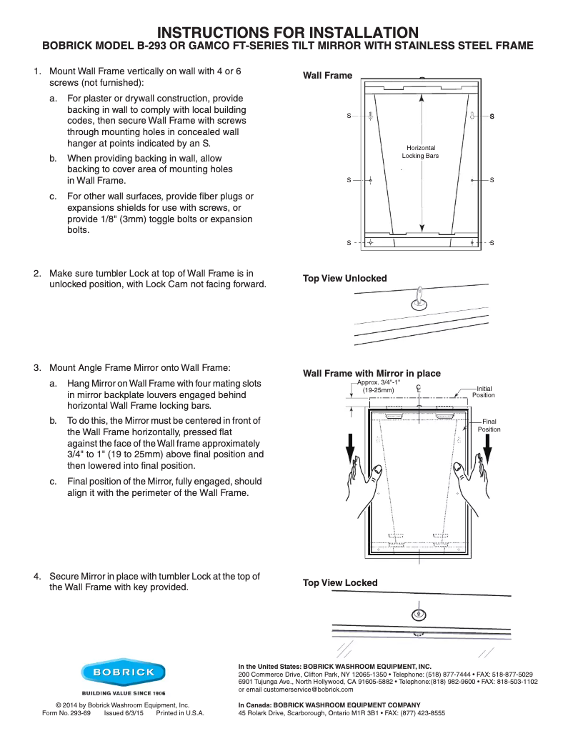 Page n°1 - Manuel utilisateur Bobrick B-293