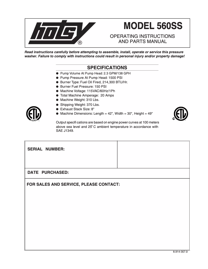 Page n°1 - Manuel utilisateur Hotsy 560SS