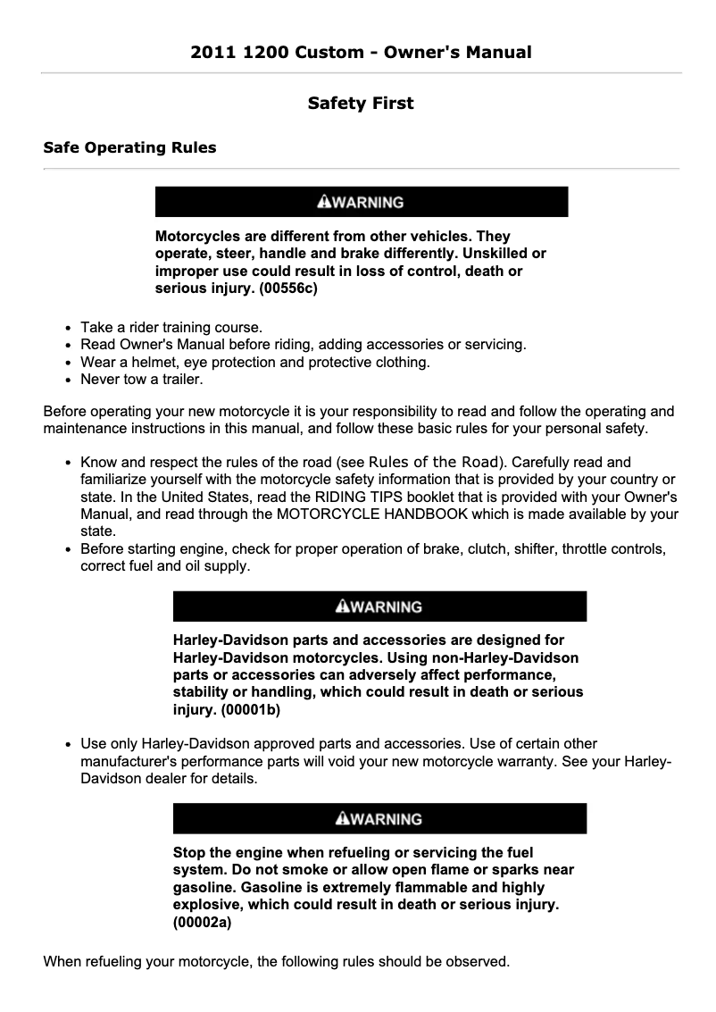 Page 1 de la notice Manuel utilisateur Harley-Davidson 1200 Custom (2011)