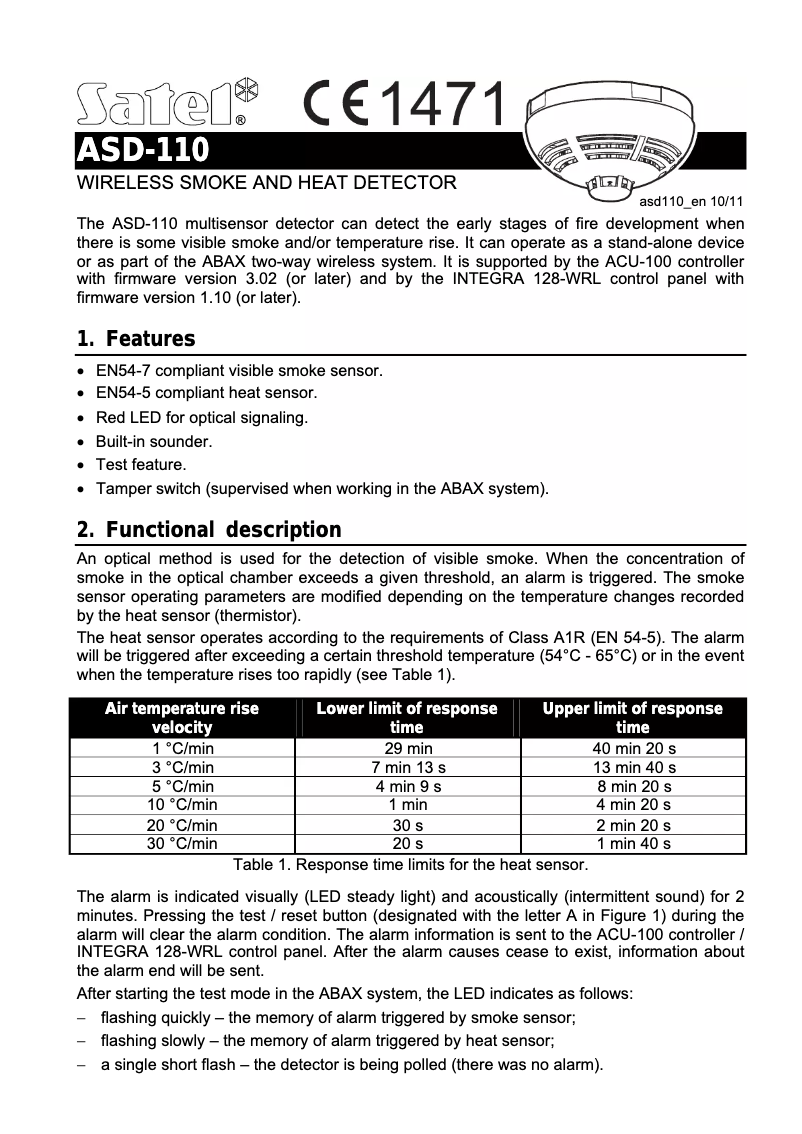 Page 1 de la notice Manuel utilisateur Satel ASD-110