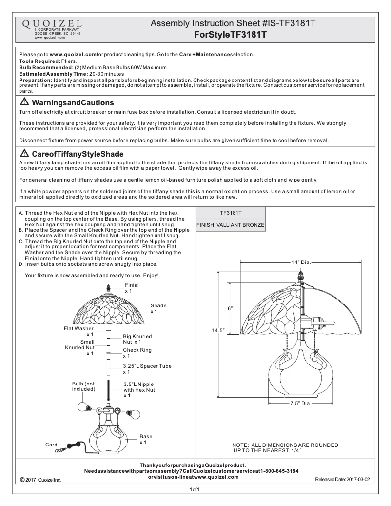 Page 1 de la notice Manuel utilisateur Quoizel Tiffany TF3181T