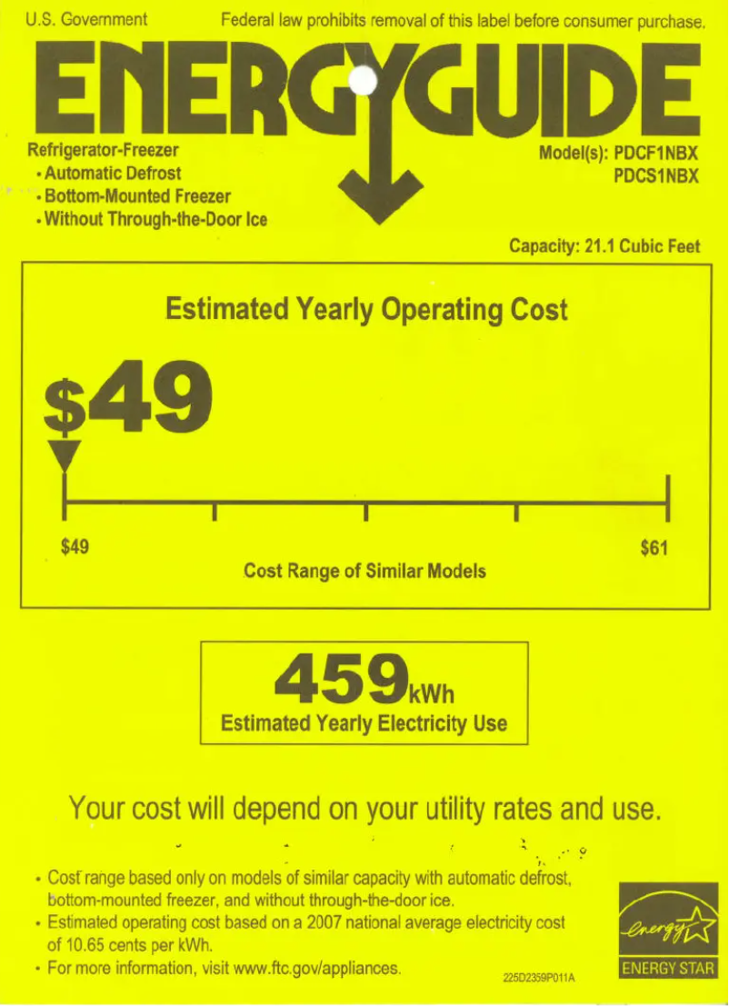 Page 1 of the manual Energy Label GE Profile PDCS1NBXLSS