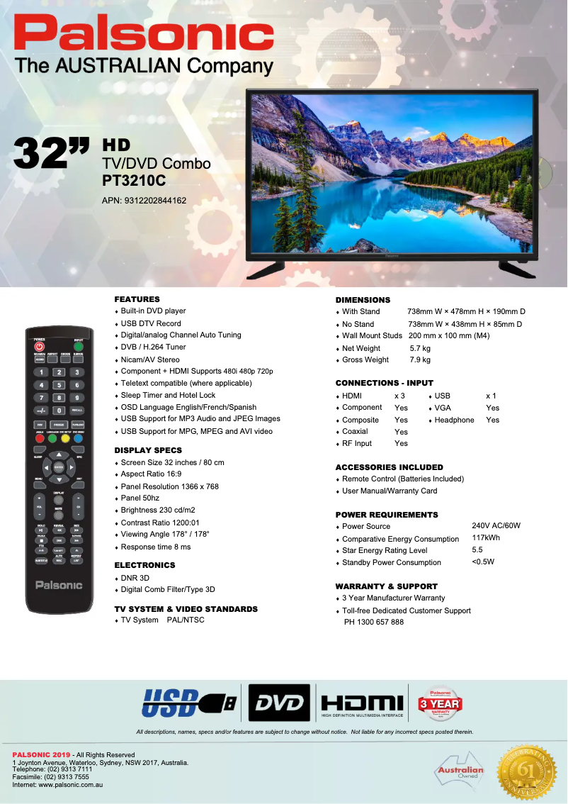 Page 1 de la notice Fiche technique Palsonic PT3210C