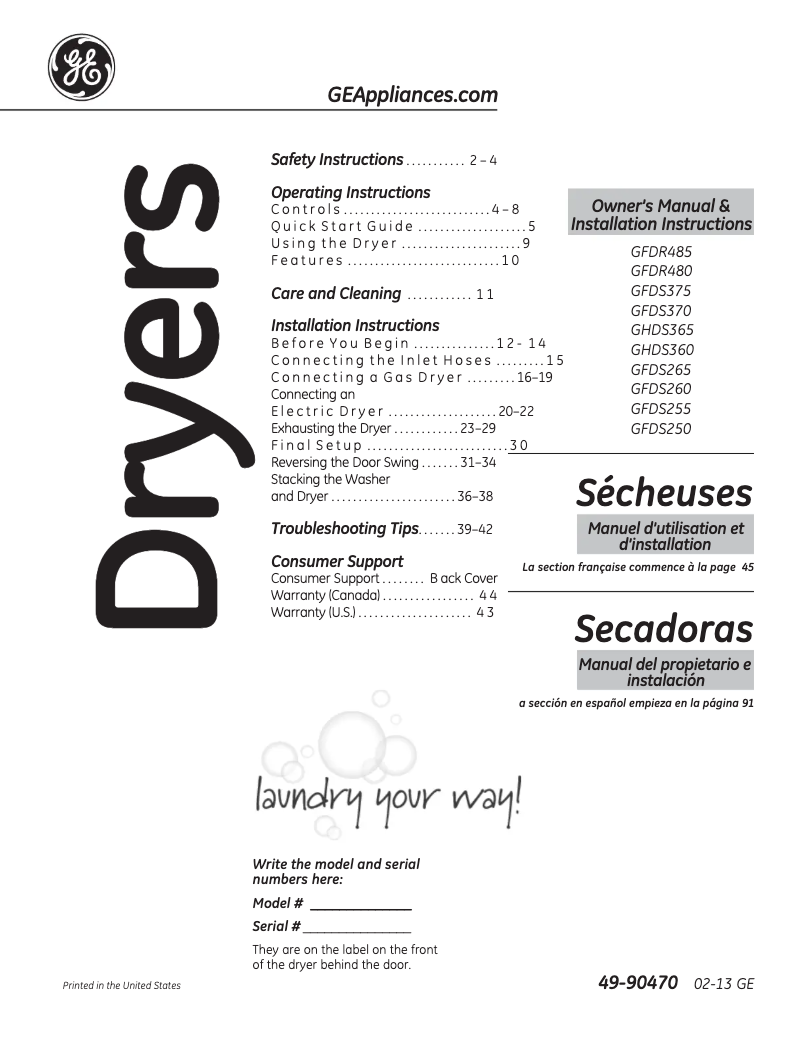 Page n°1 - Manuel utilisateur GE Adora 8.3 GHDS360GFWW