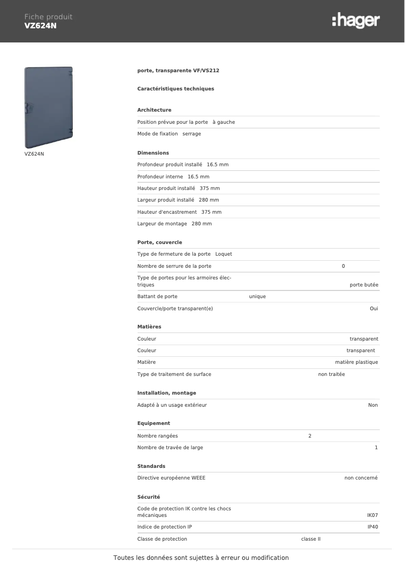 Page n°1 - Fiche technique Hager VZ624N