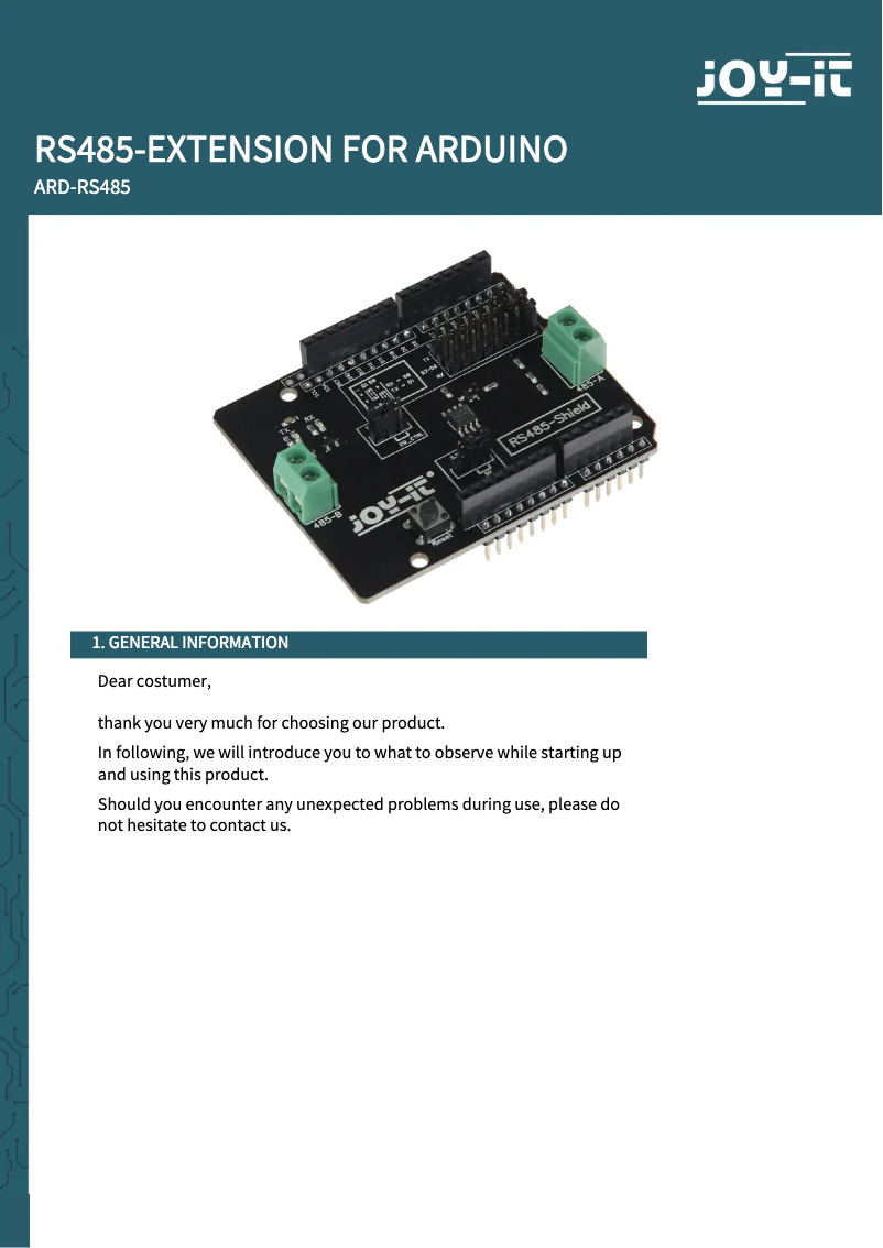 Page 1 of the manual User Manual Joy-It ARD-RS485