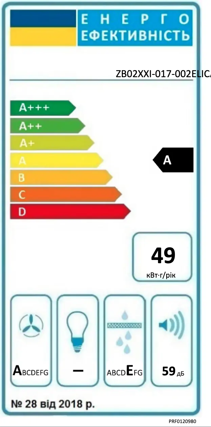 Page 1 de la notice Label énergétique Elica Pandora PRF0120980