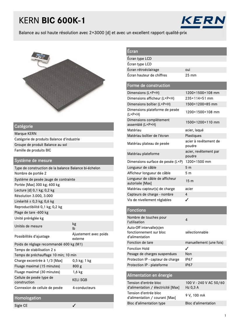Page n°1 - Fiche technique Kern BIC 600K-1