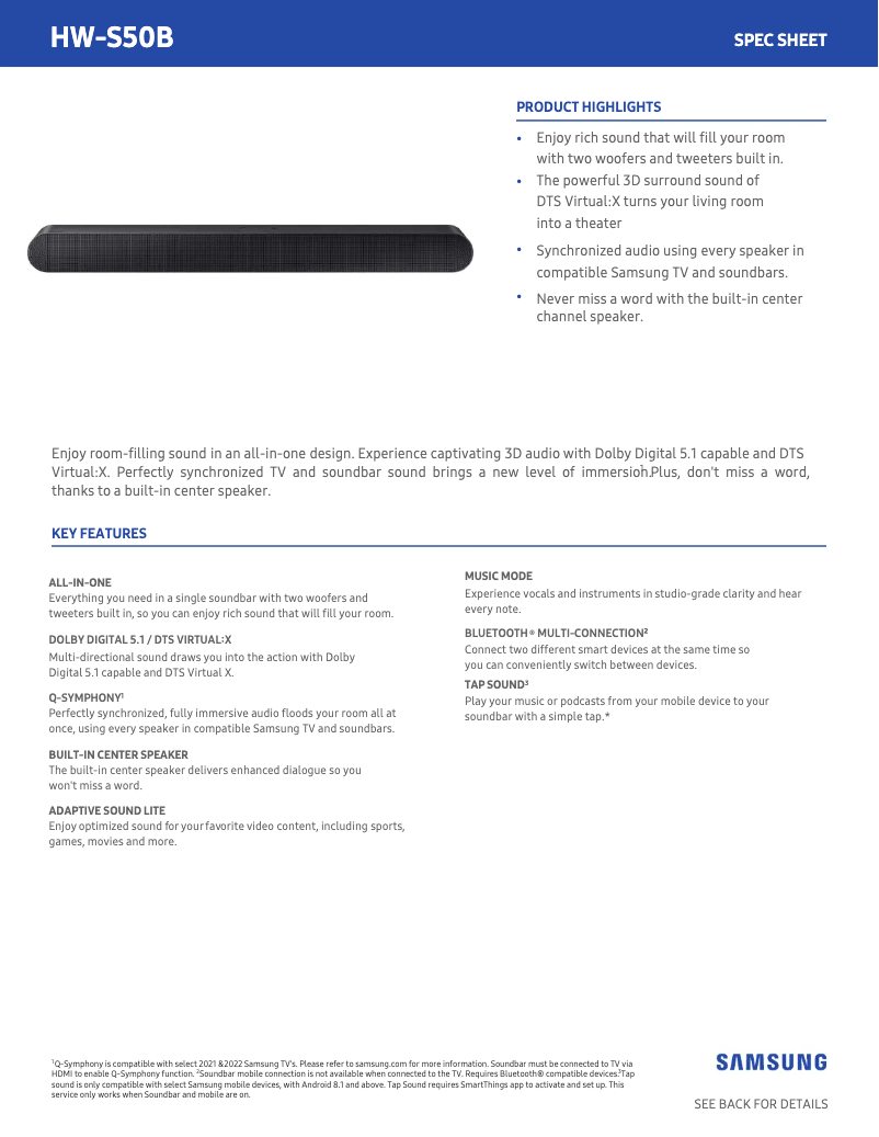 Página 1 del manual Ficha técnica Samsung HW-S50B