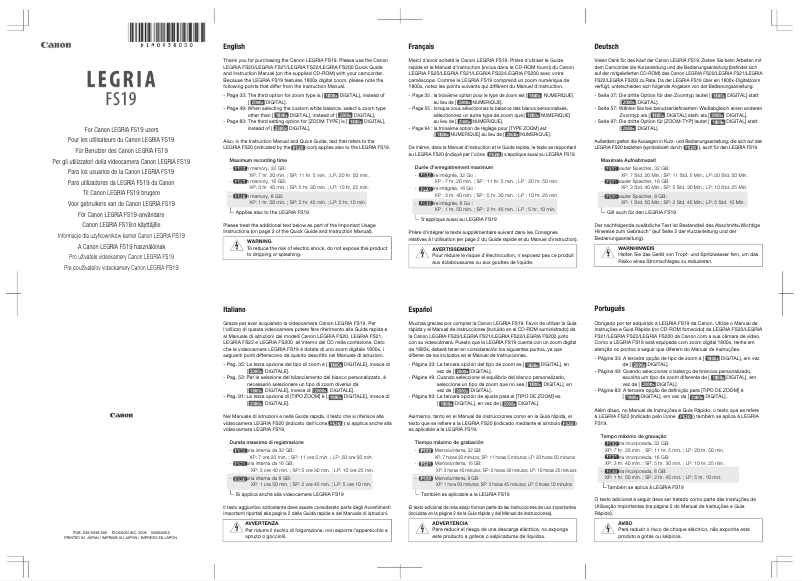 Page 1 de la notice Manuel utilisateur Canon FS20