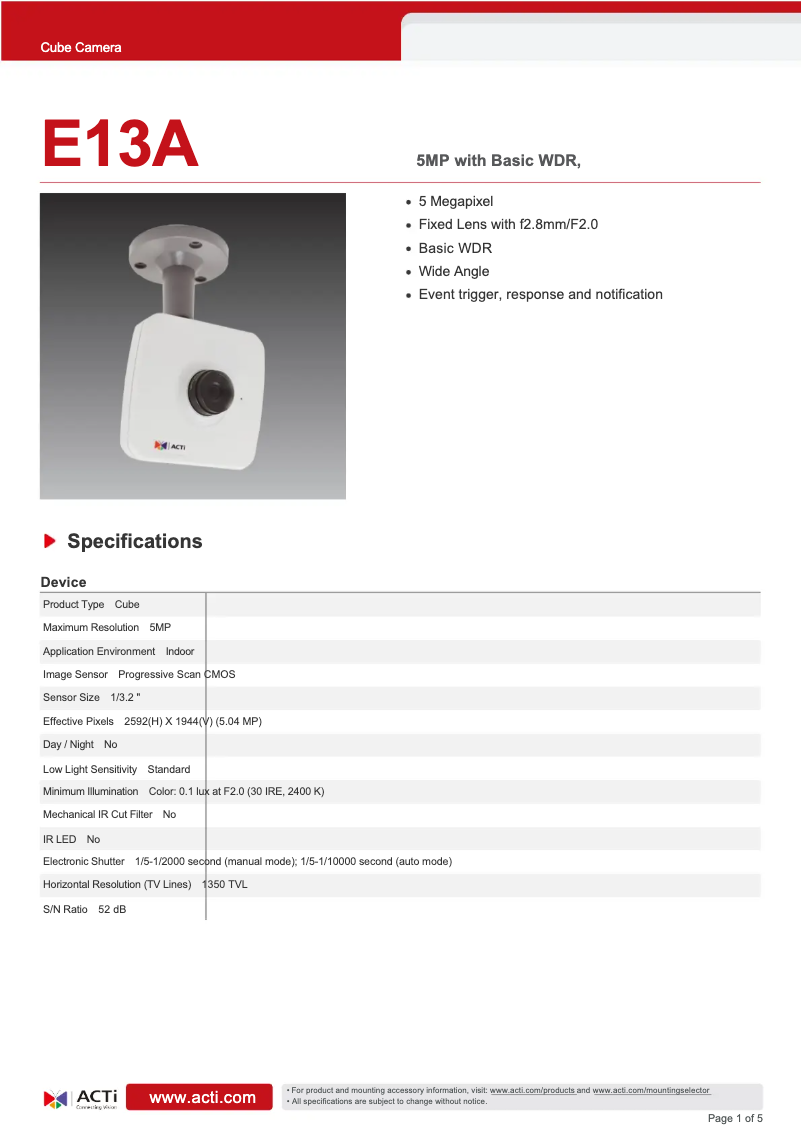 Page 1 de la notice Fiche technique ACTi E13A