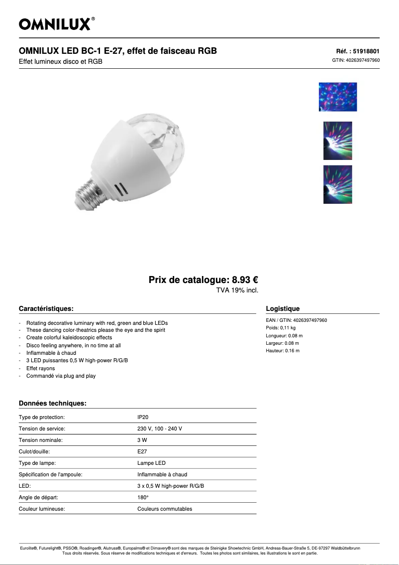 Page 1 de la notice Fiche technique Omnilux BC-1