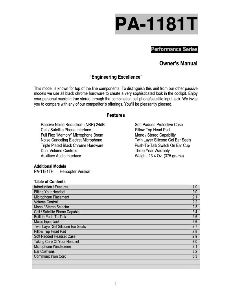 Page n°1 - Manuel utilisateur Pilot PA-1181T