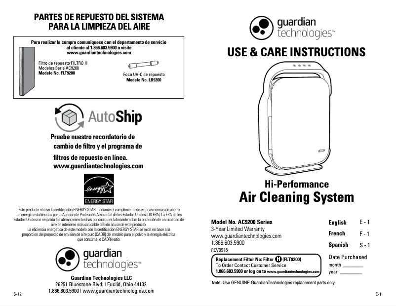 Page 1 de la notice Manuel utilisateur GermGuardian AC9200WCA