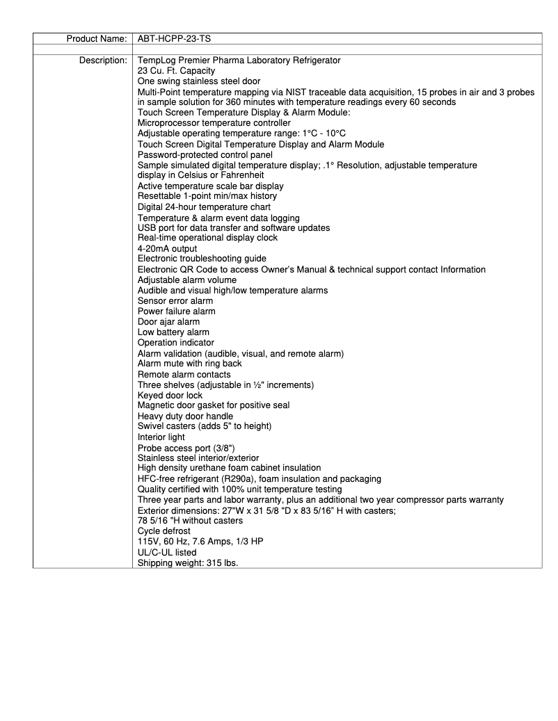 Page 1 de la notice Manuel utilisateur American BioTech Supply ABT-HCPP-23-TS
