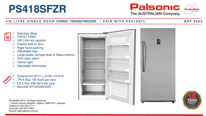 Page 1 de la notice Fiche technique Palsonic PS418SFZR