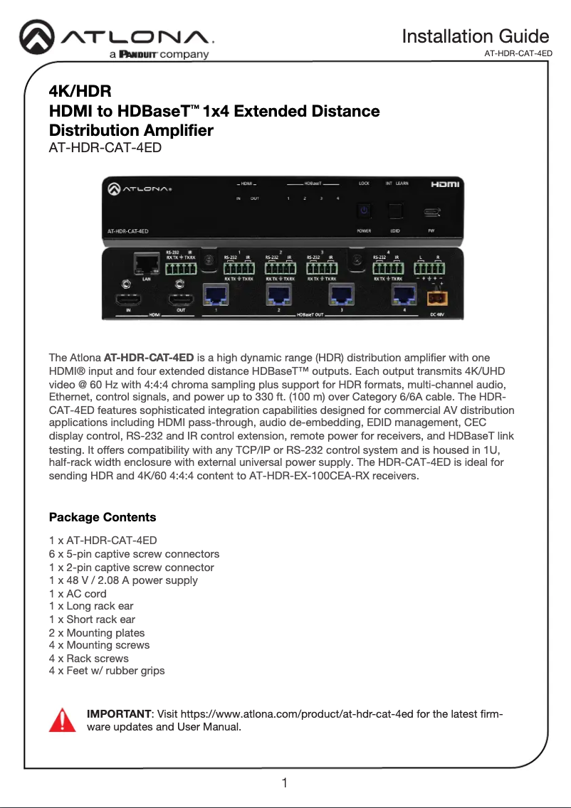 Page 1 de la notice Guide d'installation Atlona AT-HDR-CAT-4ED