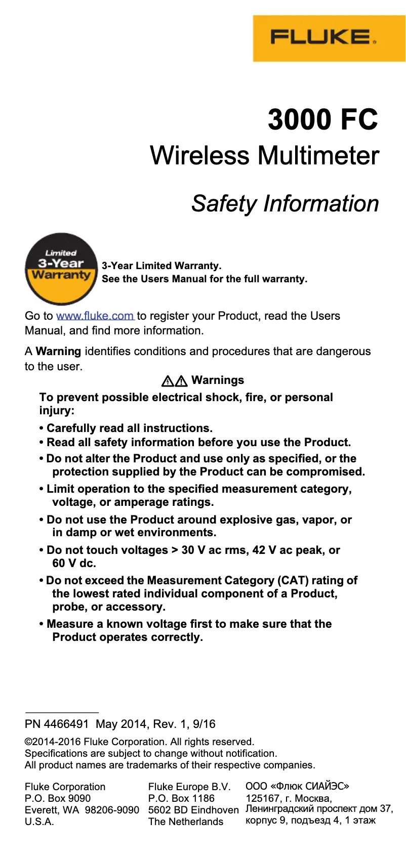 Page 1 de la notice Instructions de sécurité Fluke 3001 FC