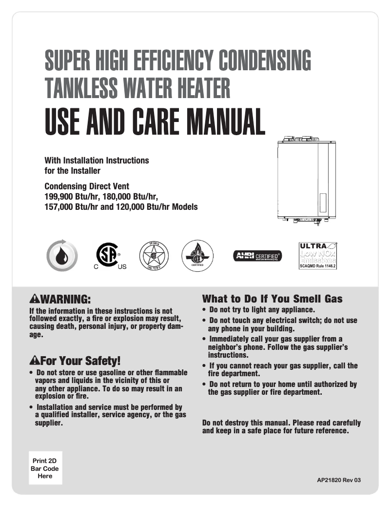 Page 1 de la notice Manuel utilisateur Rheem RTG-84DVLP-3