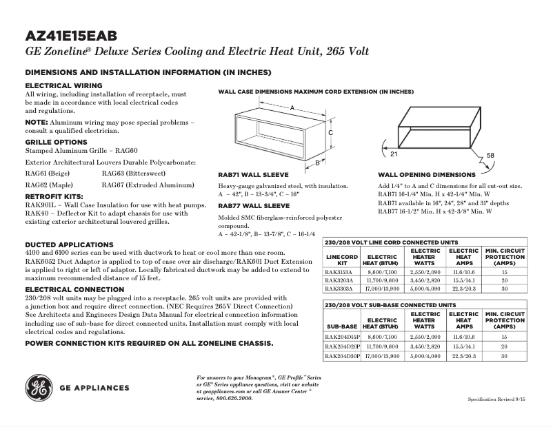 Page 1 of the manual Technical Sheet GE AZ41E15EAB Zoneline