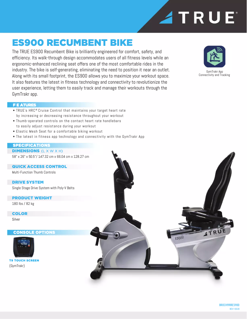 Page 1 de la notice Fiche technique True Fitness ES900