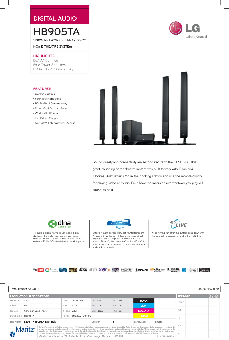 Page 1 of the manual Technical Sheet LG HB905TA