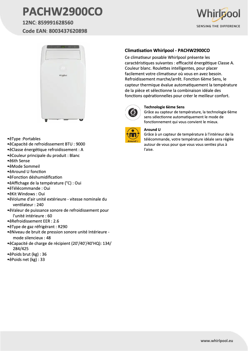 Image de la première page du manuel de l'appareil PACHW2900CO