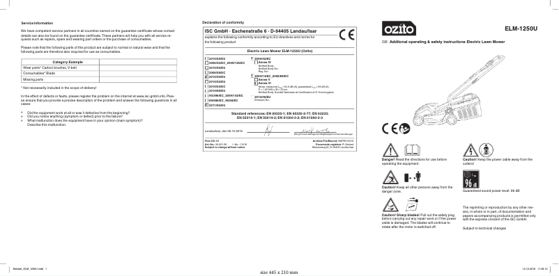 Page n°1 - Manuel utilisateur Ozito ELM-1250U
