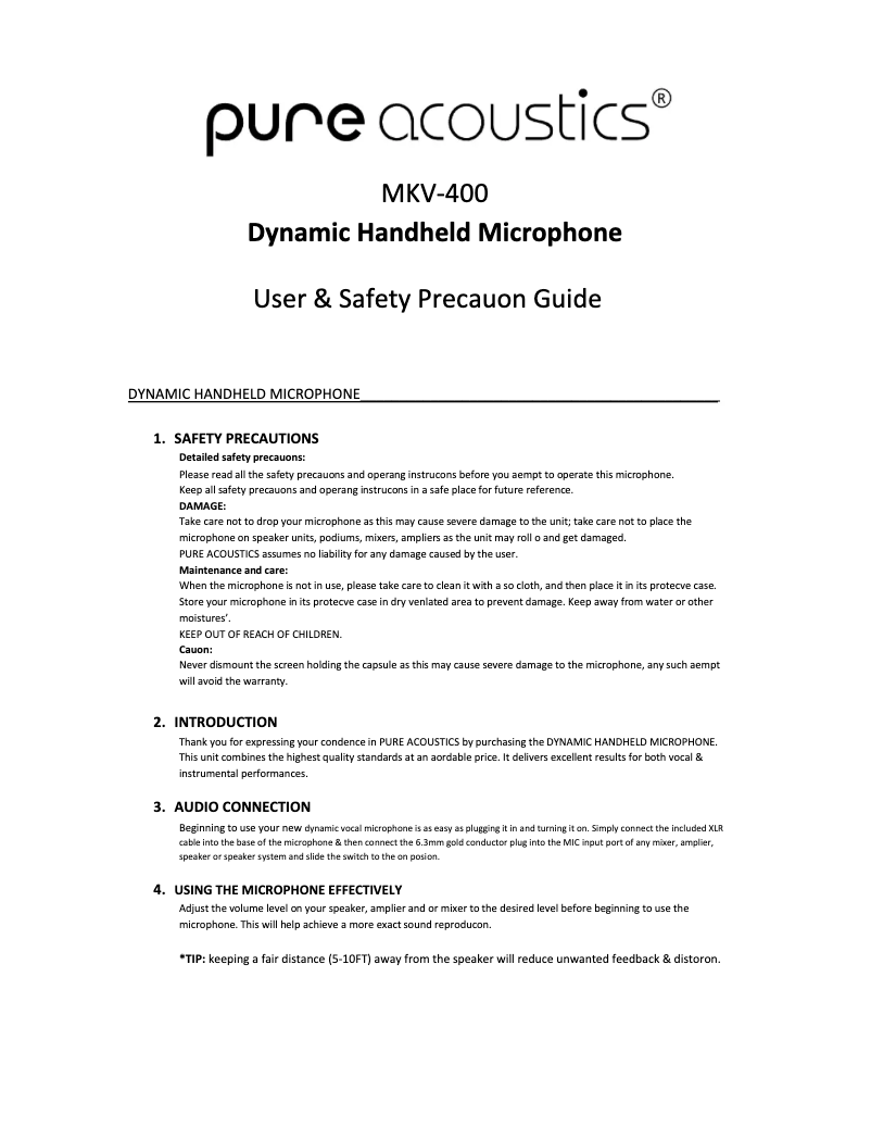 Page n°1 - Manuel utilisateur Pure Acoustics MKV 400